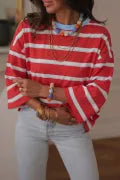PREORDER Red Striped Bow Tie Hollowed Back 7/8 Sleeve Casual T-Shirt
