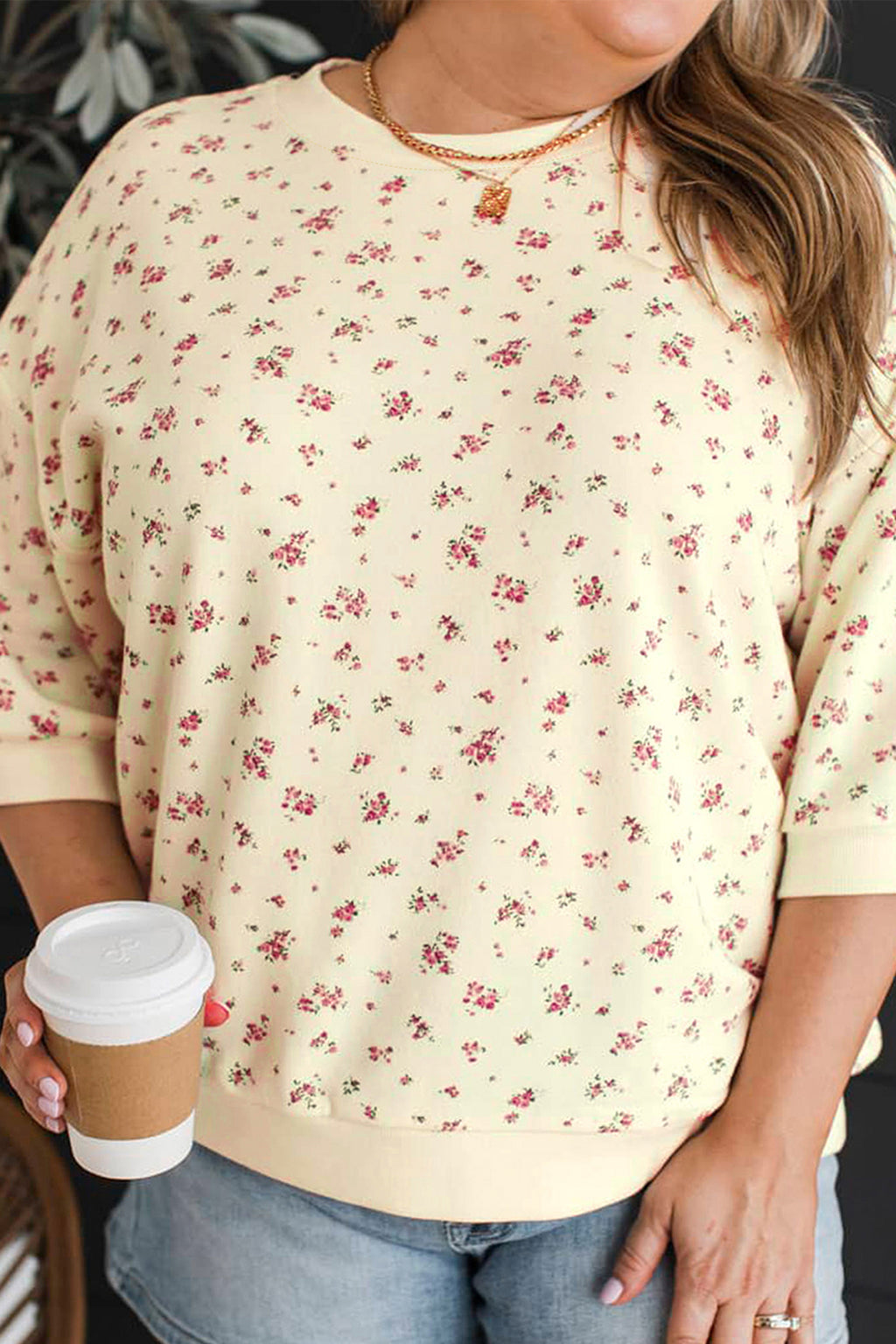 Beige Floral Print Colorblock Cuffs Hem Shirt