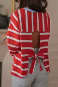 PREORDER Red Striped Bow Tie Hollowed Back 7/8 Sleeve Casual T-Shirt