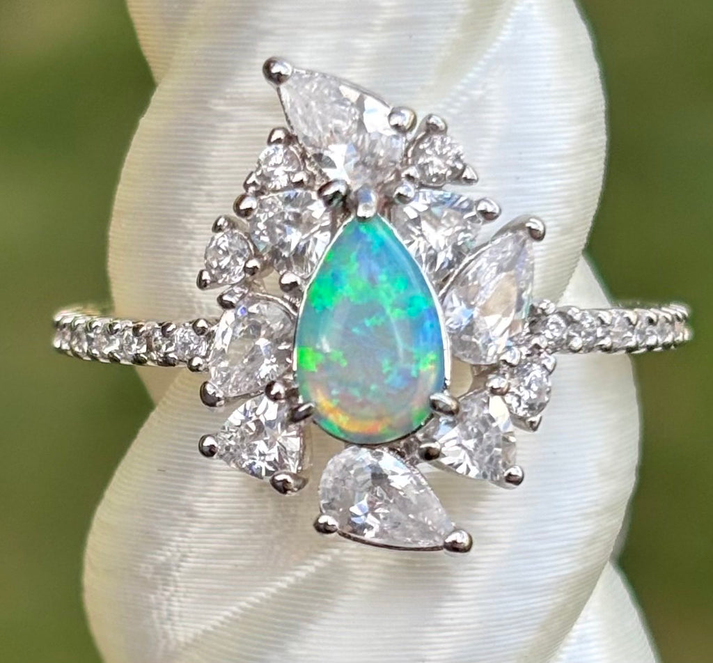 BP Aqua Fire Opal Rhodium Ring Size 9